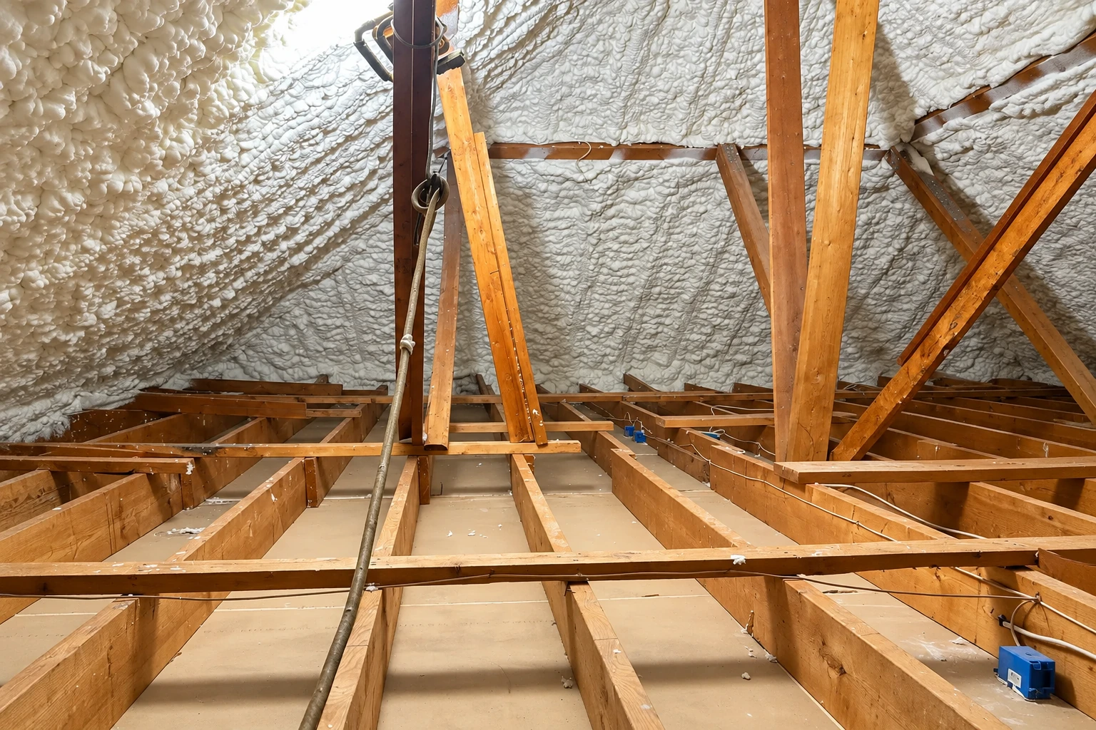 Attic framing and rafters are coated with white spray foam insulation.