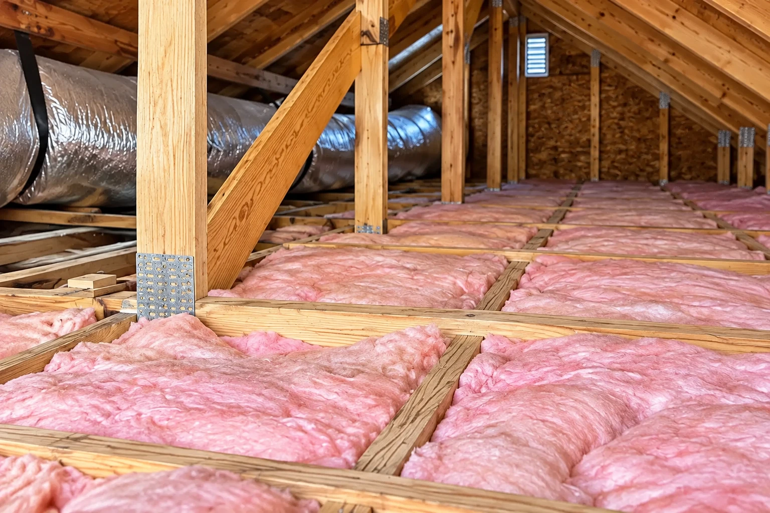 Pink fiberglass insulation fills attic floor joist bays beneath exposed rafters and ductwork.