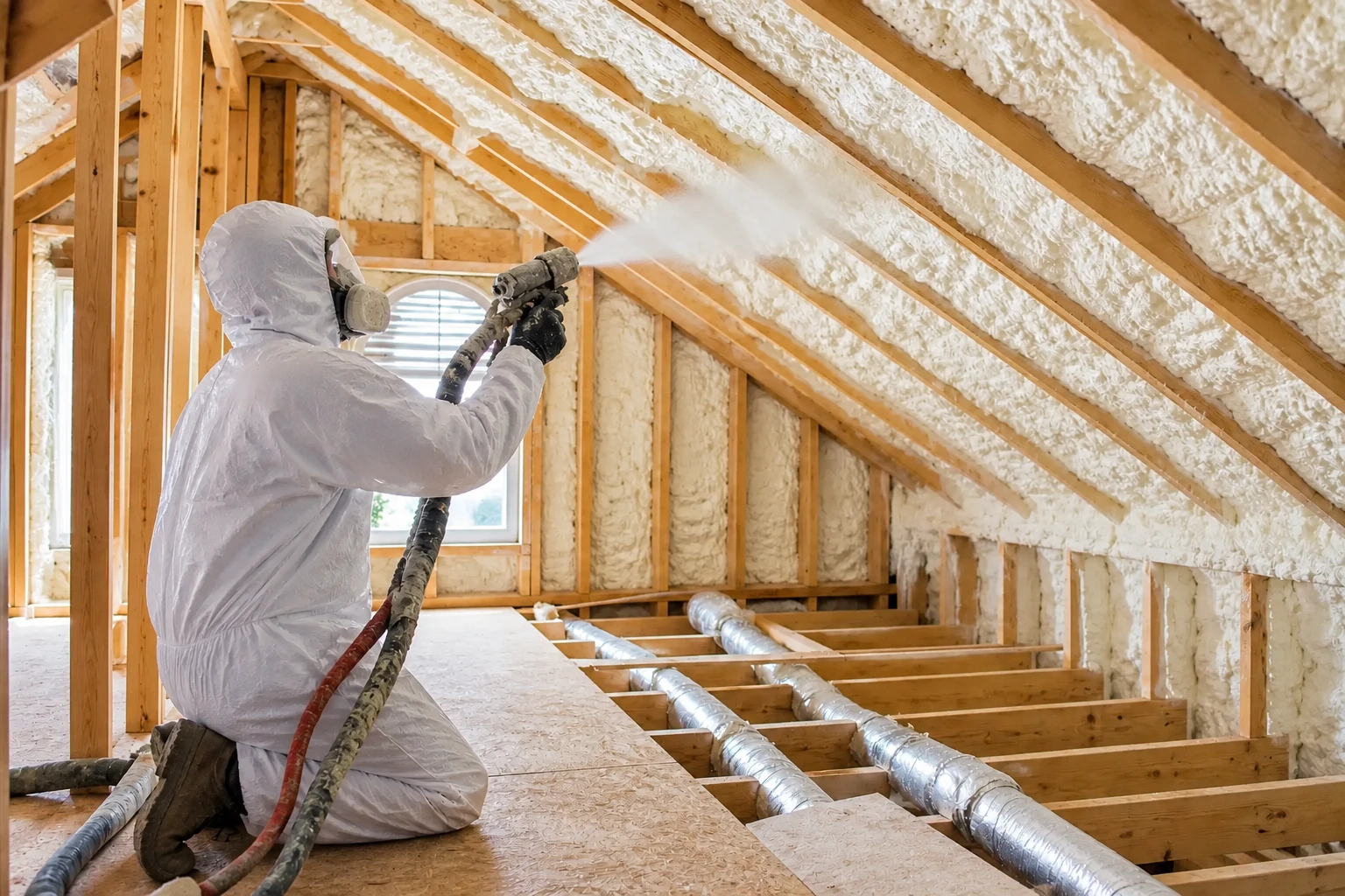 Worker in protective suit sprays foam insulation along the exposed rafters of an attic.