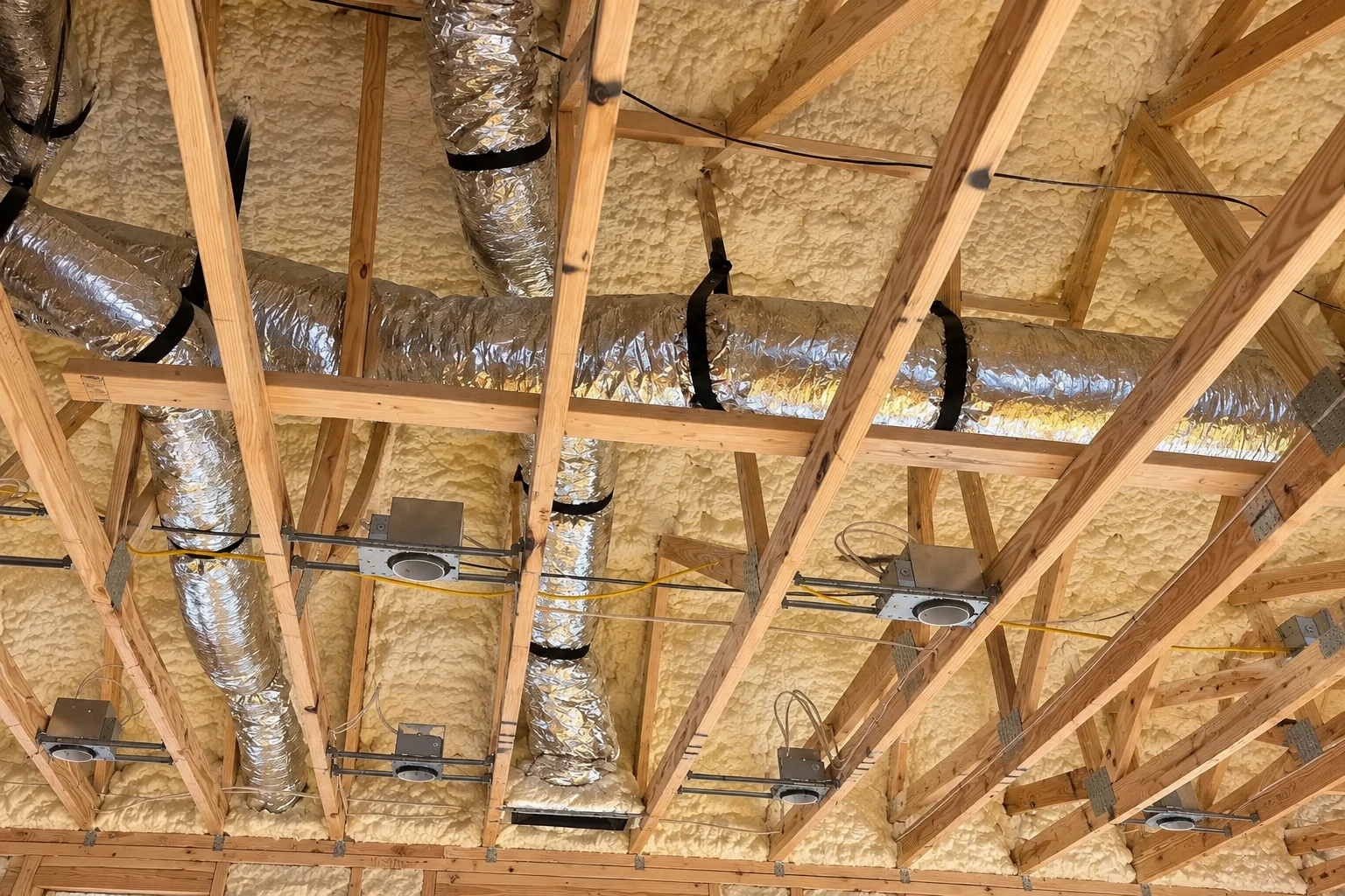 Foam insulation fills an attic roof between exposed wooden trusses, alongside silver ventilation ducts and recessed light fixtures.