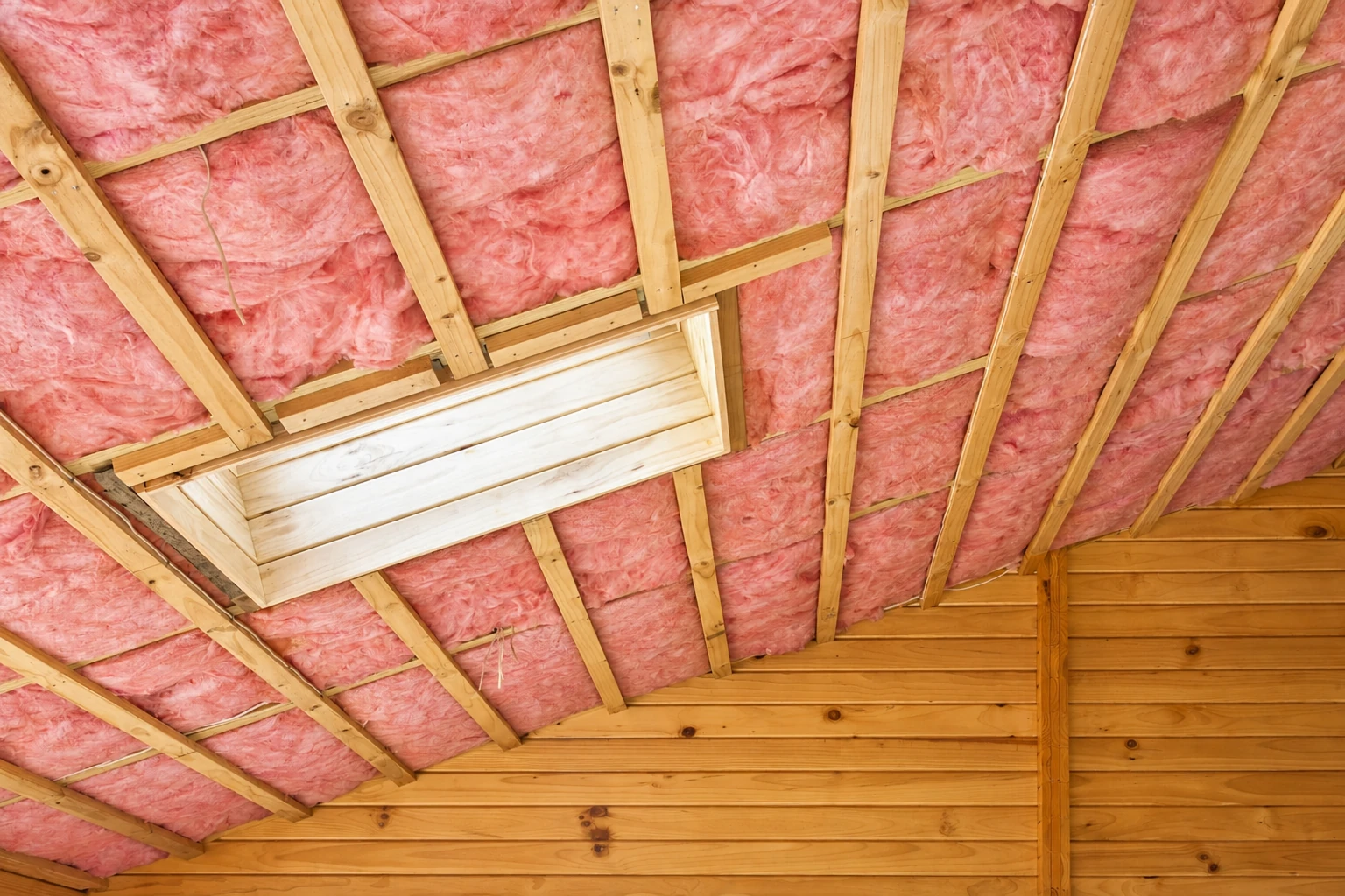 Pink fiberglass batts fill the spaces between wooden roof rafters around a rectangular attic hatch.