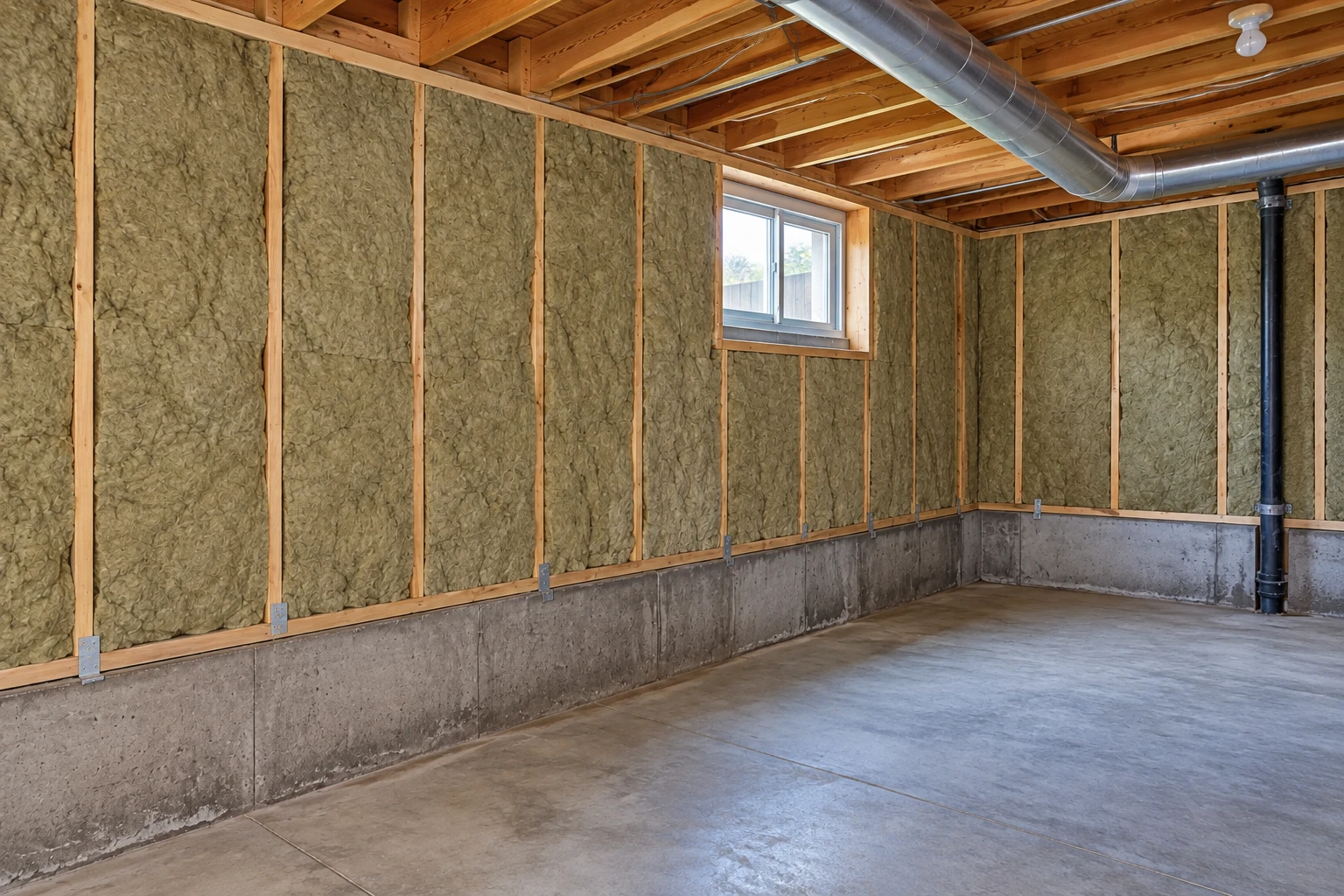 Basement walls filled with fibrous insulation between wooden studs beneath exposed ceiling joists.