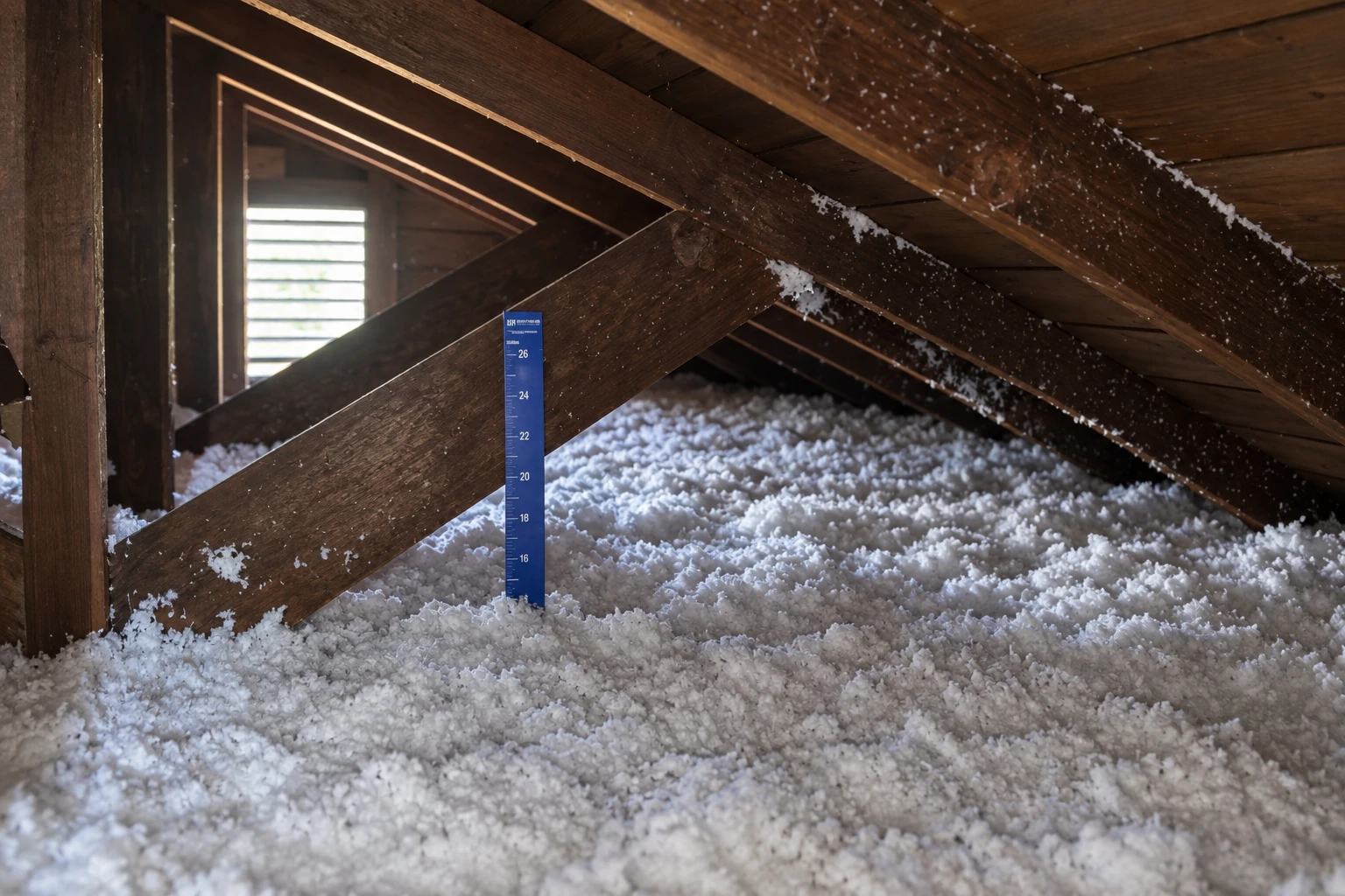 Loose white blown-in insulation covers an attic floor beneath dark wooden rafters, with a depth gauge standing upright.