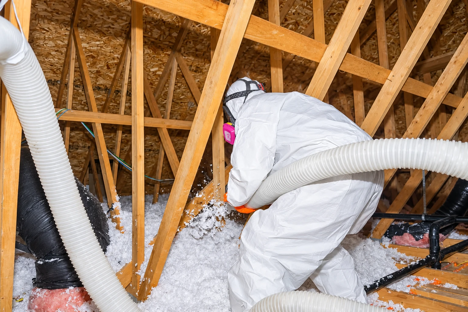 Worker uses a large hose to blow loose-fill insulation across an attic floor.
