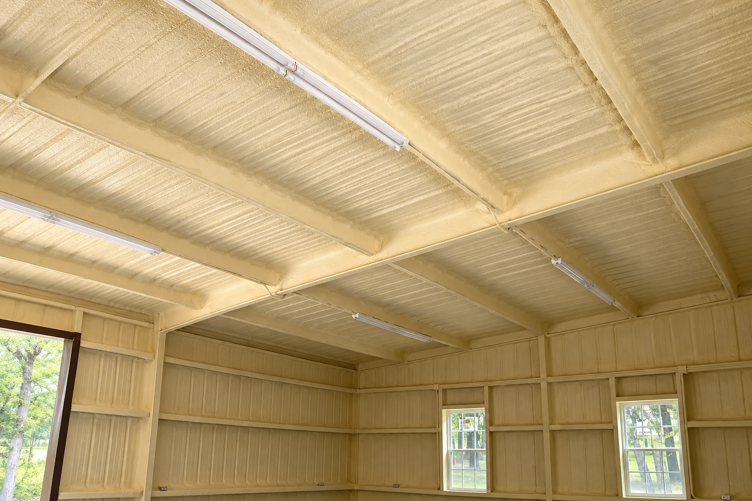 Commercial building interior with cream-colored spray foam covering the ceiling and walls.