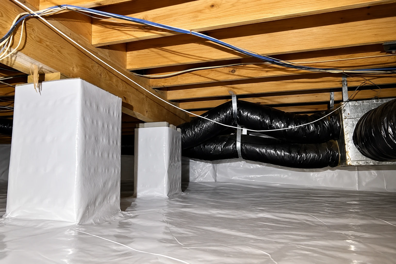 A crawl space has white plastic vapor barrier covering the floor and foundation piers, with black ducts overhead.