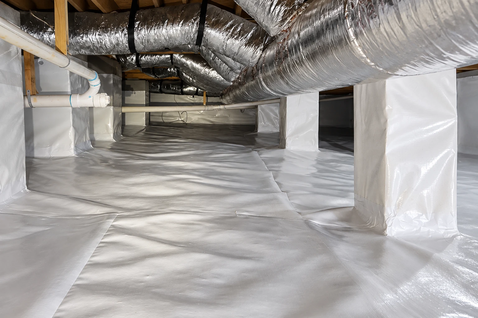 A crawl space floor and support columns are covered with white vapor barrier beneath large silver HVAC ducts.