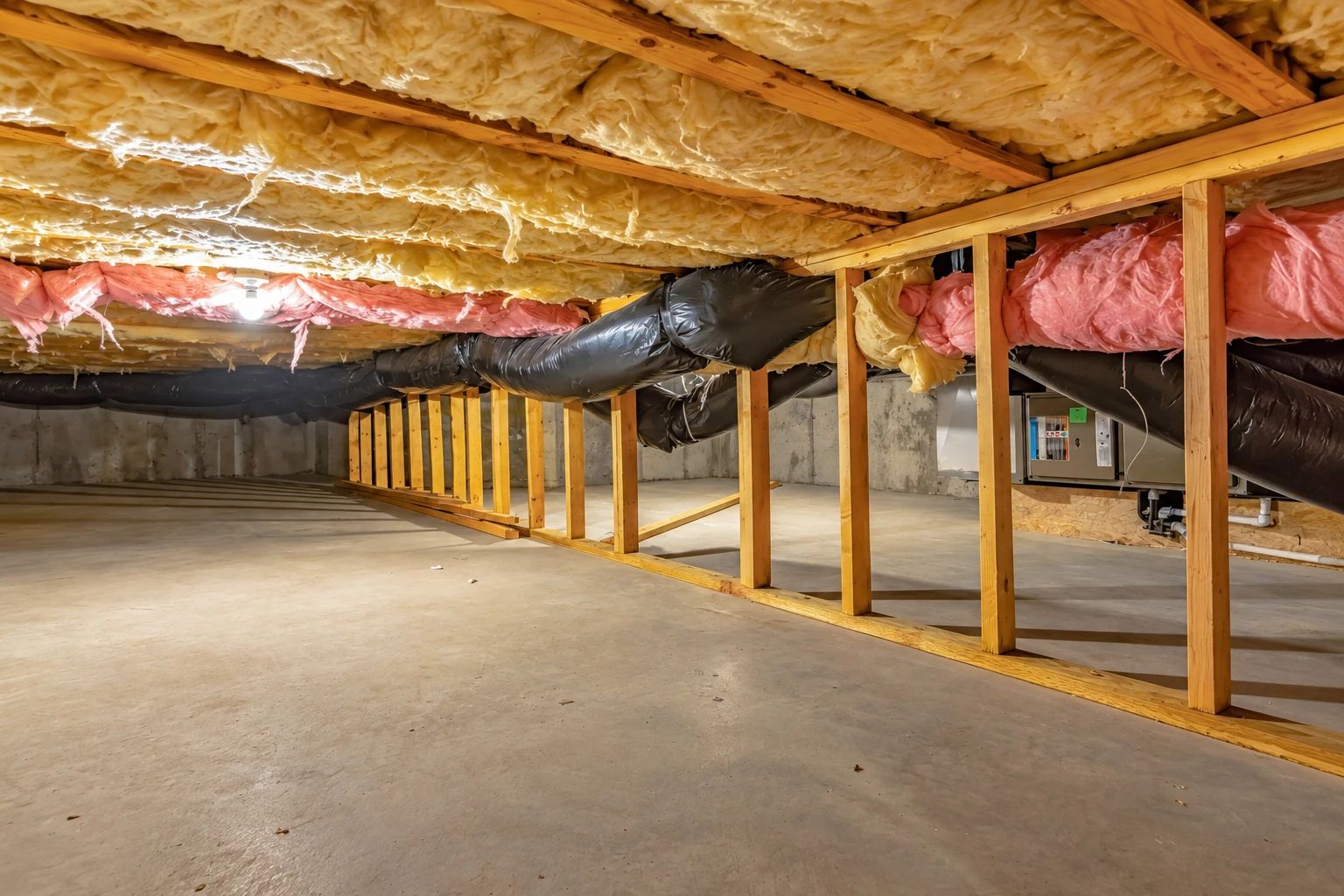 Fiberglass insulation and ductwork line the ceiling of a home's unfinished basement above a concrete floor.