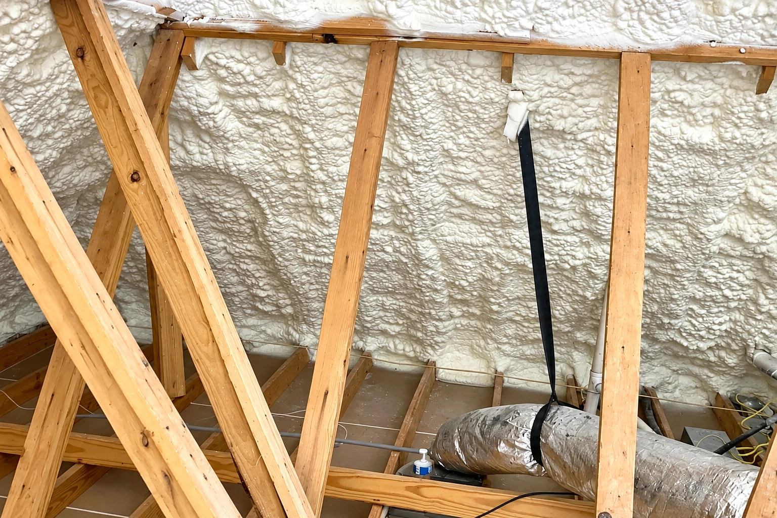 White spray foam insulation covers the roof and wall framing inside an unfinished attic.
