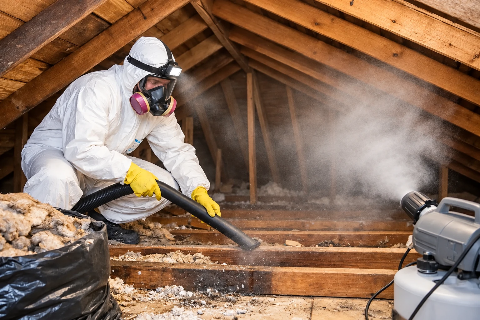 A worker in protective coveralls and a respirator vacuums loose attic insulation beside a machine sending up a cloud of dust.