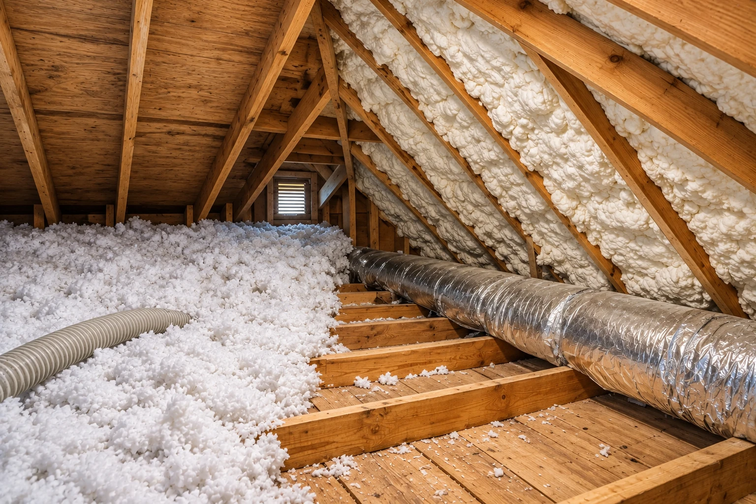 An attic has fluffy white blown-in insulation on the floor and spray foam filling the sloped roof rafters.