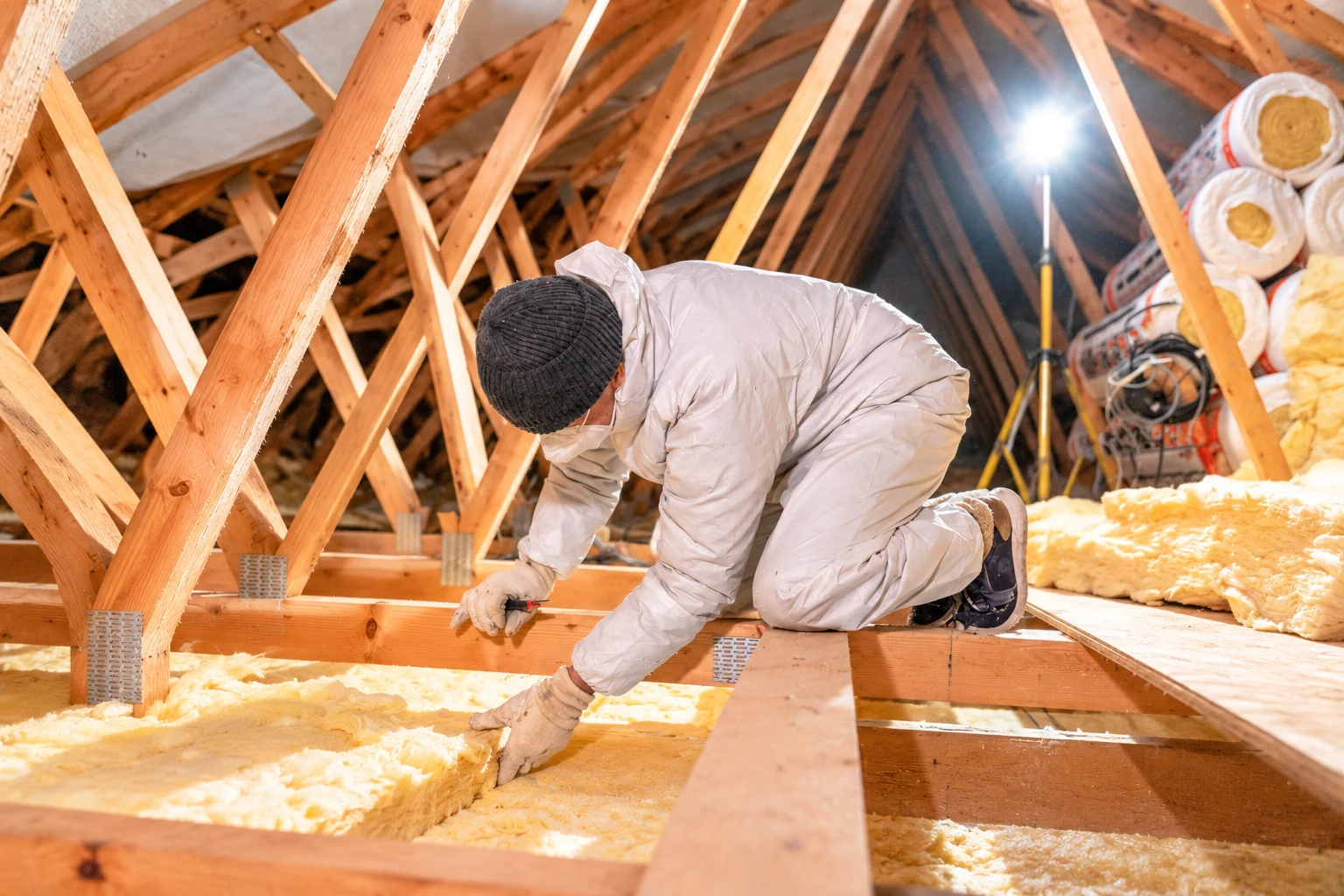 A worker in protective coveralls lays fiberglass batts between wooden attic joists beside stacked insulation rolls.