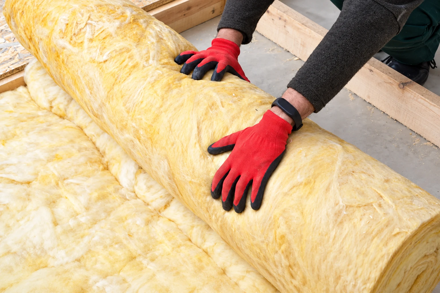 Gloved hands handle a thick roll of yellow fiberglass insulation on a floor.