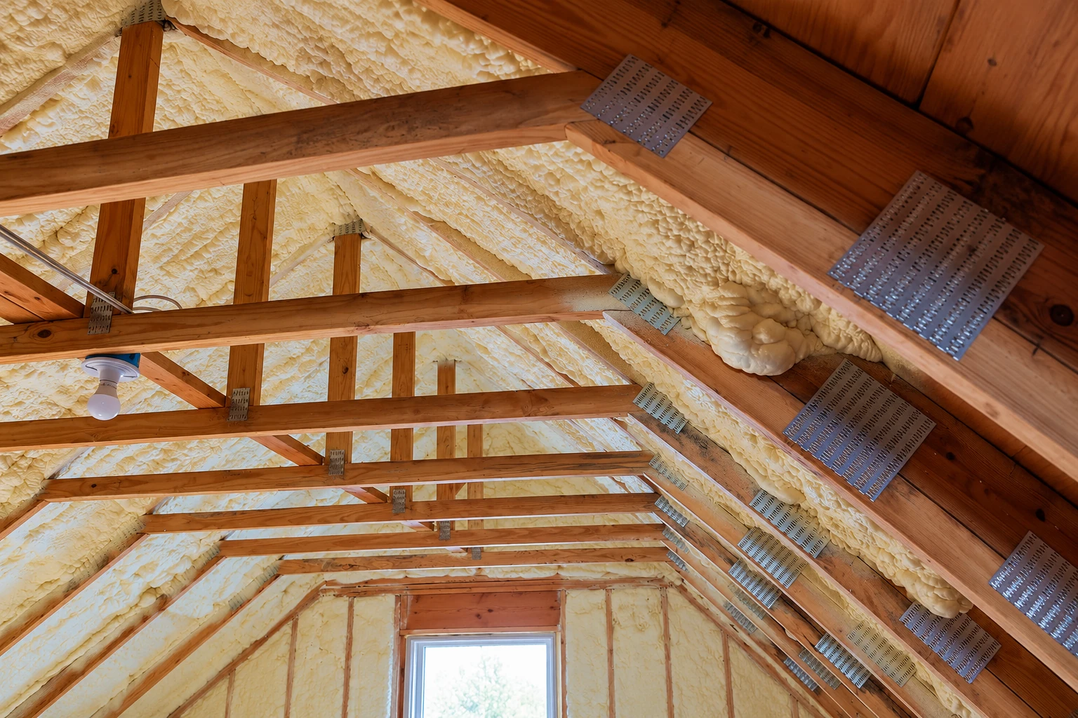 Thick cream-colored spray foam coats the wooden rafters and roof framing of an attic.