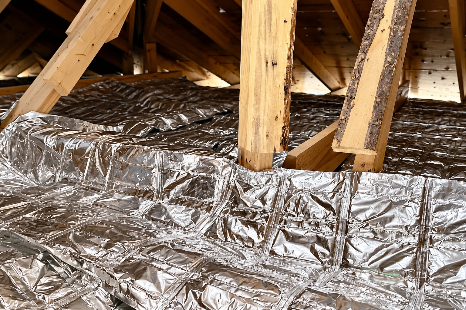 Reflective foil vapor barrier is wrapped around wooden supports and spread across the floor of an unfinished attic.