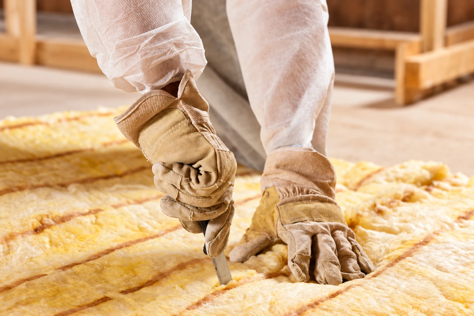 Gloved hands cut yellow fiberglass insulation with a utility knife.